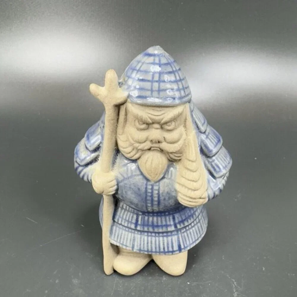 Vintage Pottery Earthenware Figure Asian Blue Gray Glazed Japan Signed‎ Warrior